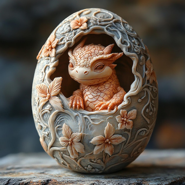 This is a finely sculpted egg clay sculpture with detailed floral and animal designs and a closeup