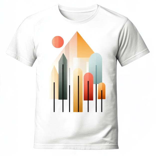 Photo this is a high quality mockup of a white t shirt with a geometric abstract forest print perfect for