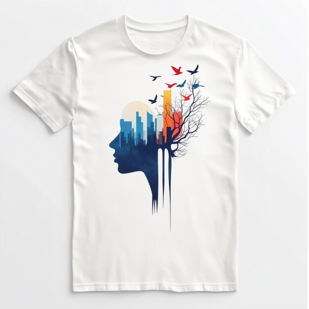 Photo this is a high quality photo of a white t shirt mockup with a cityscape and birds design