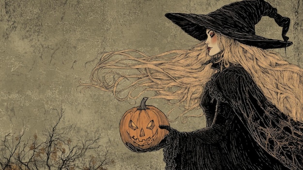 Photo this is an illustration of a black witch holding an orange pumpkin a halloween concept a pumpkins scary invitation card banner wall mural abstract art