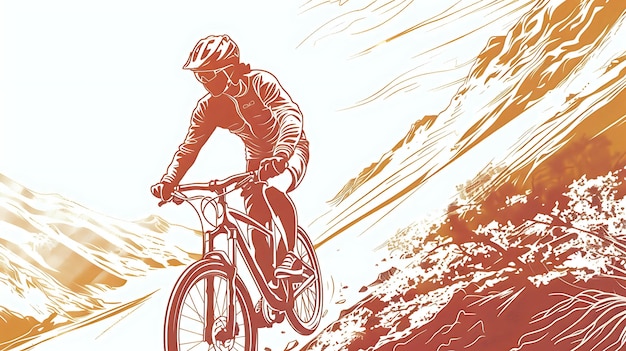 This is an illustration of a mountain biker riding down a hill The rider is wearing a helmet and protective gear The bike is full suspension