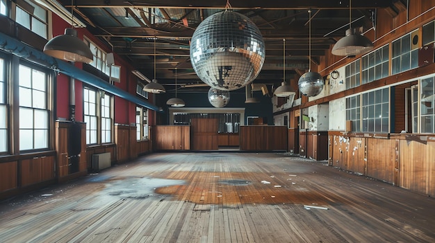 This is an image of an abandoned ballroom The room is empty with a few chairs and tables scattered around