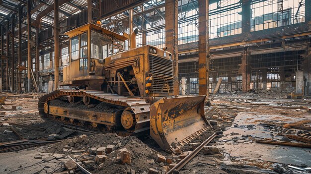 This is an image of an abandoned and rusty bulldozer in a large dilapidated factory The factory is in ruins with broken windows and walls