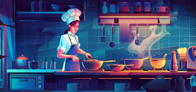 Photo this is an image depicting an expert chef making a gourmet meal in a hightech kitchen theme culinary arts side view chef working digital tone complimentary color scheme