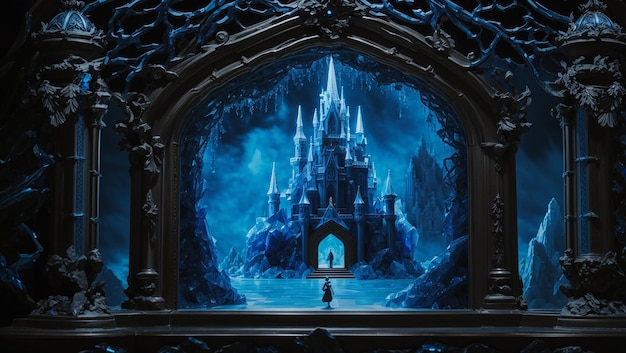 This is an image of an ice castle with two people standing in front of it The castle is made of blu