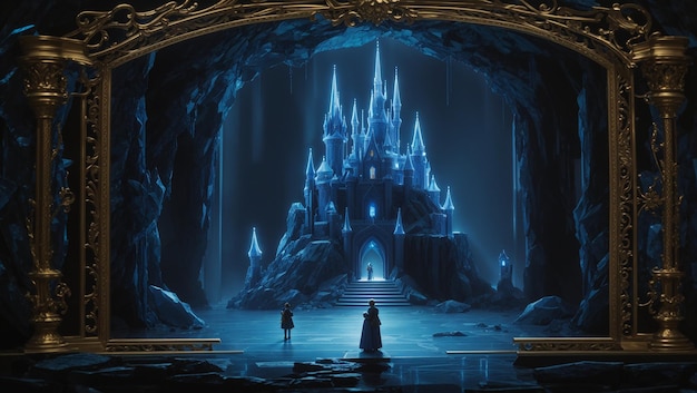 This is an image of an ice castle with two people standing in front of it The castle is made of blu