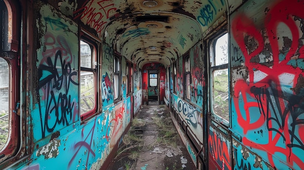 This is an image of the inside of an abandoned train car The walls are covered in graffiti