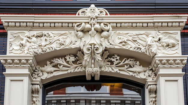 This is an image of the ornate architectural details of a building featuring a keystone with a human face and floral elements