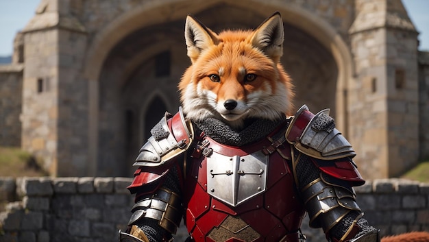 This is an image of a red fox wearing a suit of armor and standing in front of a castle