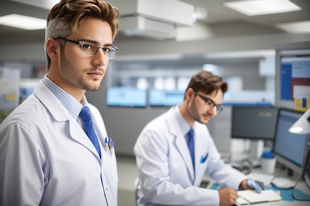 This is an image of two scientists in a laboratory One is standing and looking at the camera while