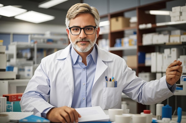 This is an image of two scientists in a laboratory One is standing and looking at the camera while