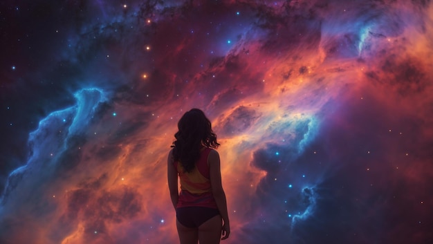 This is an image of a woman standing in front of a colorful nebula The woman is wearing a longslee