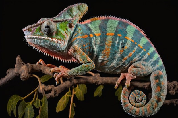 This is a male Ambilobe Panther Chameleon Furcifer pardalis perched on a branch Photographed in close up on a black backdrop