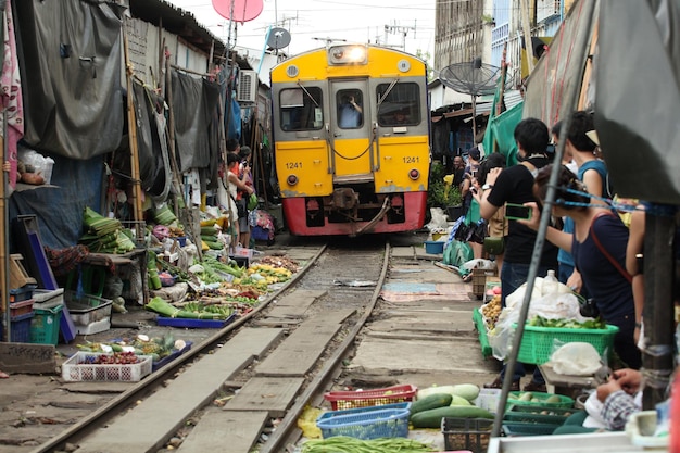 This is a market where trains pass by.