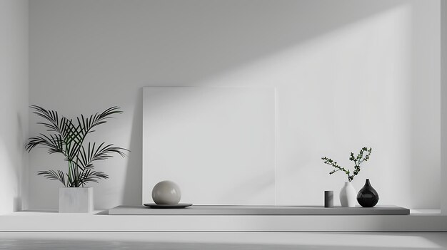 Photo this is a minimal and elegant home interior design with a large blank canvas on the wall a potted plant a vase with decorative plants and a decorat