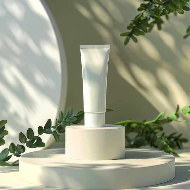 This is a mock up of a marble plate on a green background with a natural concept The rendering is in 3D