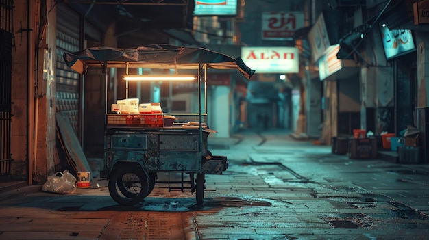 This is a night view of an empty street with a food cart The food cart is in the foreground and there is a street with a few shops in the background