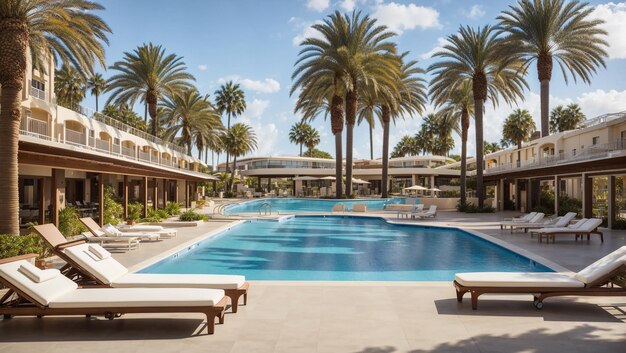 This is an outdoor swimming pool surrounded by palm trees and lounge chairs with white cushions