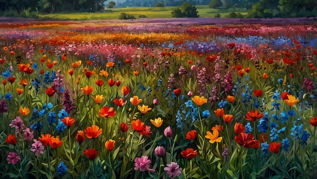 This is a painting of a field of flowers The flowers are mostly red orange yellow purple and bl