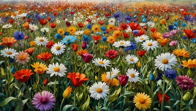 This is a painting of a field of flowers The flowers are mostly red orange yellow purple and bl