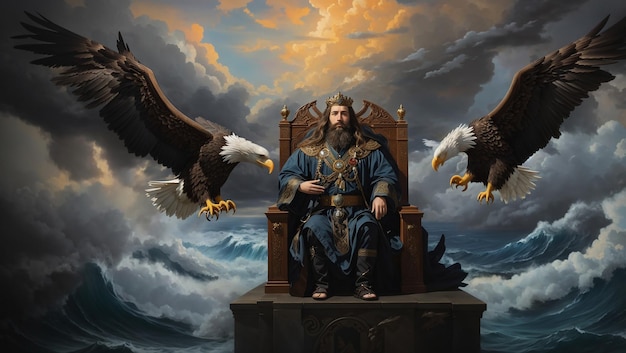 This is a painting of a person with long blond hair and beard wearing a blue tunic and cape sittin