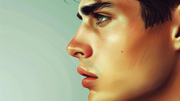 Photo this is a painting of a young mans face in profile he has light brown hair and green eyes and his skin is lightly tanned