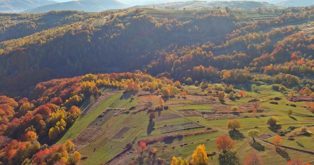 This is a panoramic view of an autumn forest landscape from a panoramic mountain landscape