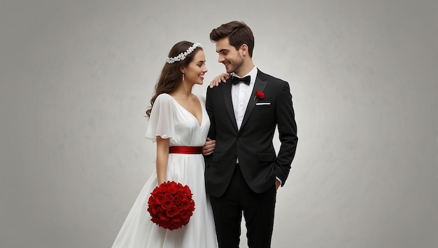 This is a photo of a bride and groom on their wedding day The bride is wearing a white dress with a