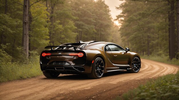 This is a photo of a green Bugatti Chiron driving on a dirt road The car has a black and gold inter