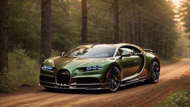 This is a photo of a green Bugatti Chiron driving on a dirt road The car has a black and gold inter