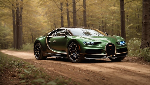 This is a photo of a green Bugatti Chiron driving on a dirt road The car has a black and gold inter