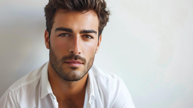 This is a photo of a handsome young man with brown hair and eyes He is wearing a white shirt and has a slight beard