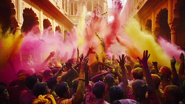 This is a photo of a large crowd of people celebrating the Hindu holiday Holi