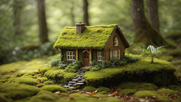 This is a photo of a small wooden house covered in moss The house has a brown door and two windows