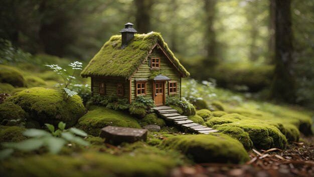 Photo this is a photo of a small wooden house covered in moss the house has a brown door and two windows