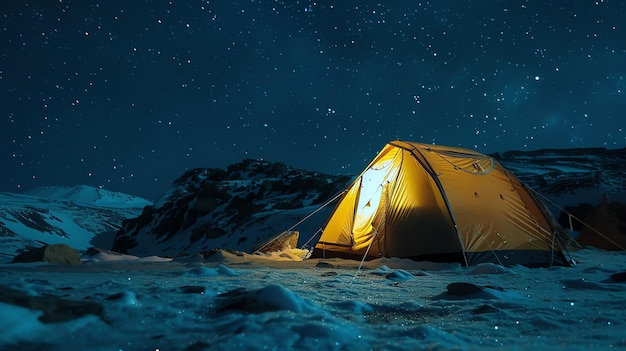 This is a photo of a tent lit up at night in the mountains The tent is surrounded by snow There is a starry sky above the tent