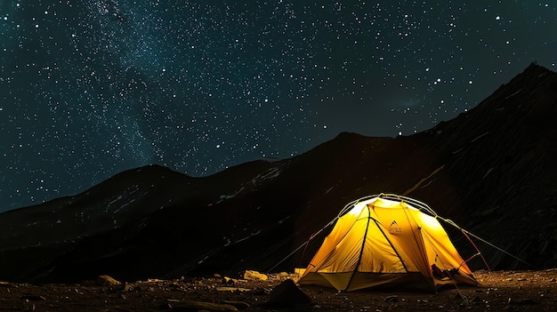 This is a photo of a tent at night The tent is lit up from the inside and the stars are shining brightly in the sky