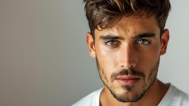 This is a photo of a young man with light brown hair and green eyes He is cleanshaven and has a neutral expression on his face