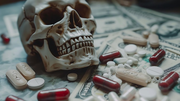 This is a photograph of a skull on a pile of money with pills scattered around it