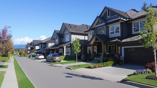 This is a picture of a beautiful suburban street with large houses and green lawns