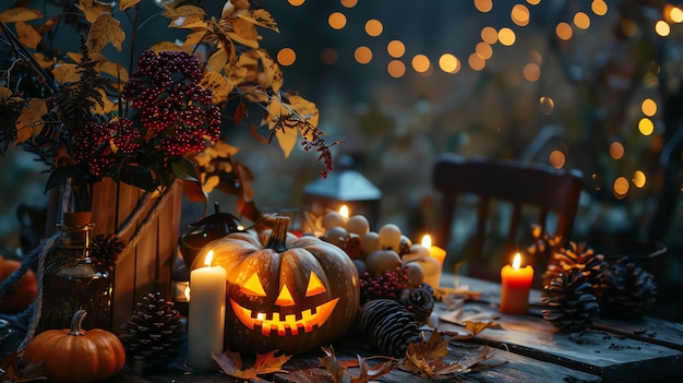 This is a picture of a Halloween pumpkin It is sitting on a table and there are some leaves