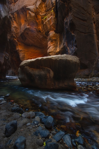 This is the picture of the Narrows at Zion National Park during Fall Season in Utah, USA