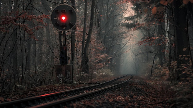 This is a picture of a railroad track through a dark and foggy forest