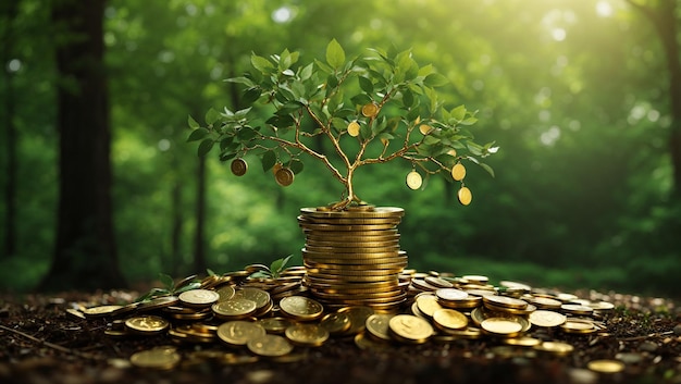 This is a picture of a tree made of gold coins sitting on a pile of gold coins in front of an out