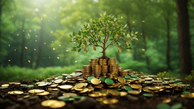 This is a picture of a tree made of gold coins sitting on a pile of gold coins in front of an out