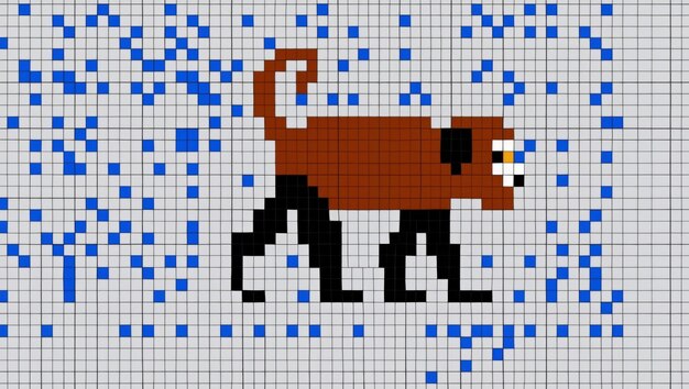 This is a pixelated image of a brown and white dog