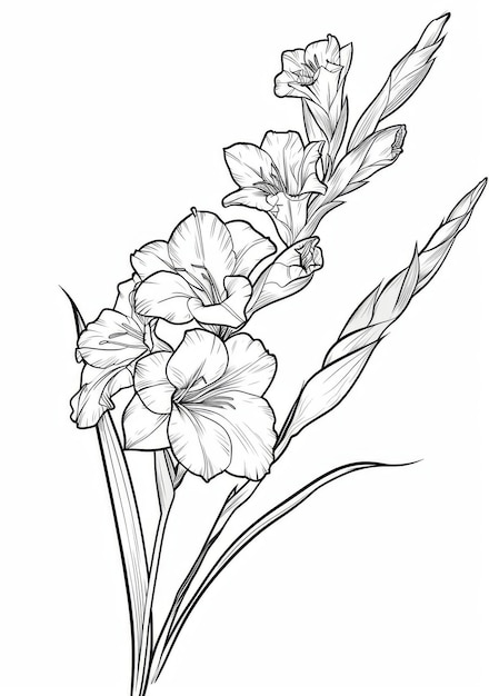 This is a printable coloring page featuring a detailed line drawing of a single gladiolus flower wit