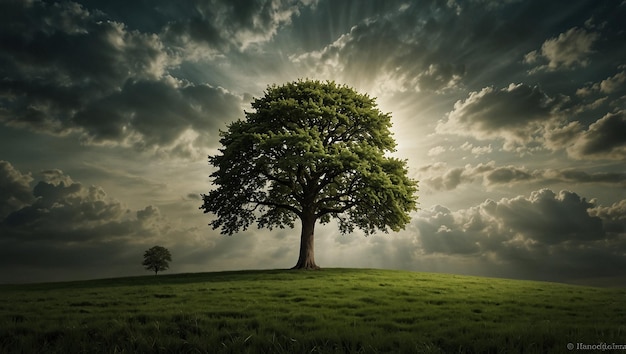 This is a repeating pattern of cartoon trees with puffy white clouds in the background