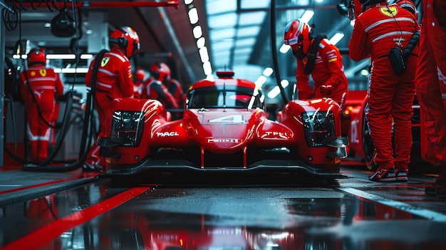 This is the scene of a Formula One race car being prepared for a race