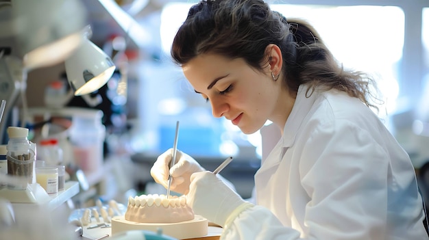 This is a stock photo of a female dentist working on a set of dentures in a dental lab